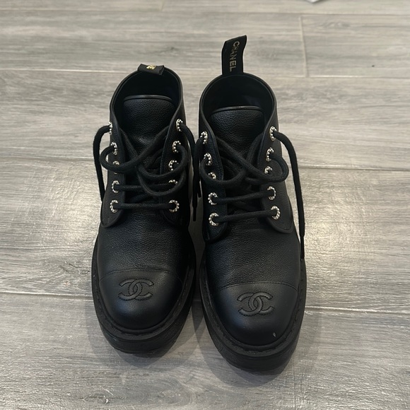 Chanel Black Leather Combat Ankle Boots, Women's (Size 38.5) - Picture 1 of 9